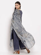 Myshka Women's Grey Cotton Solid 3/4 Sleeve V Neck Casual Kurta Palazzo Dupatta Set | Grab2Buy