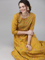 Yufta Women Mustard Yellow & Green Printed A-Line Panelled Kurta | Grab2Buy