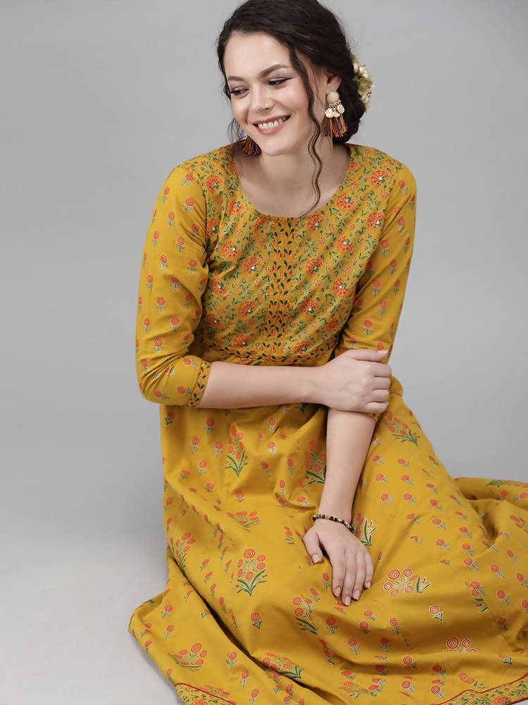 Yufta Women Mustard Yellow & Green Printed A-Line Panelled Kurta | Grab2Buy