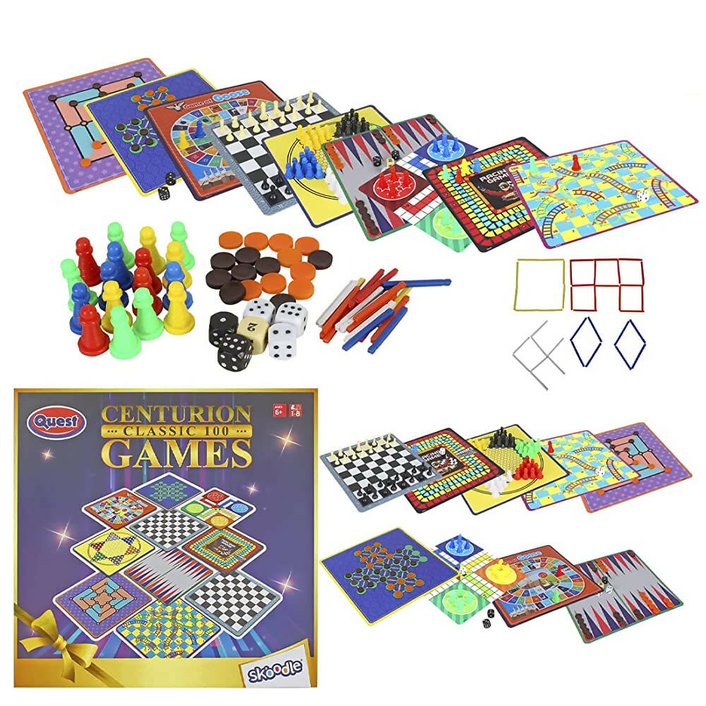 Skoodle Quest Centurion 5 Double Sided 100 Classic Family Board Games Collection 3D Box for Adults & Kids Chess, Ludo, Checkers & More - Age 3+Years | Grab2Buy