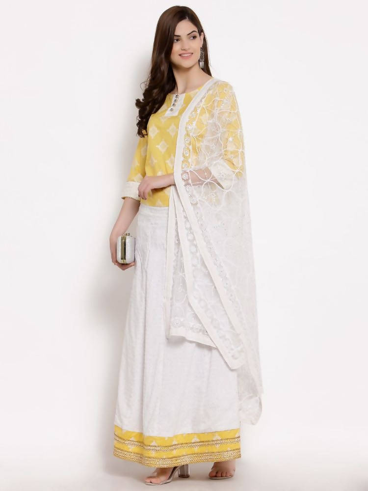 Myshka Women's Yellow Cotton 3/4 Sleeve Round Neck Printed Casual Lehenga Choli Set | Grab2Buy