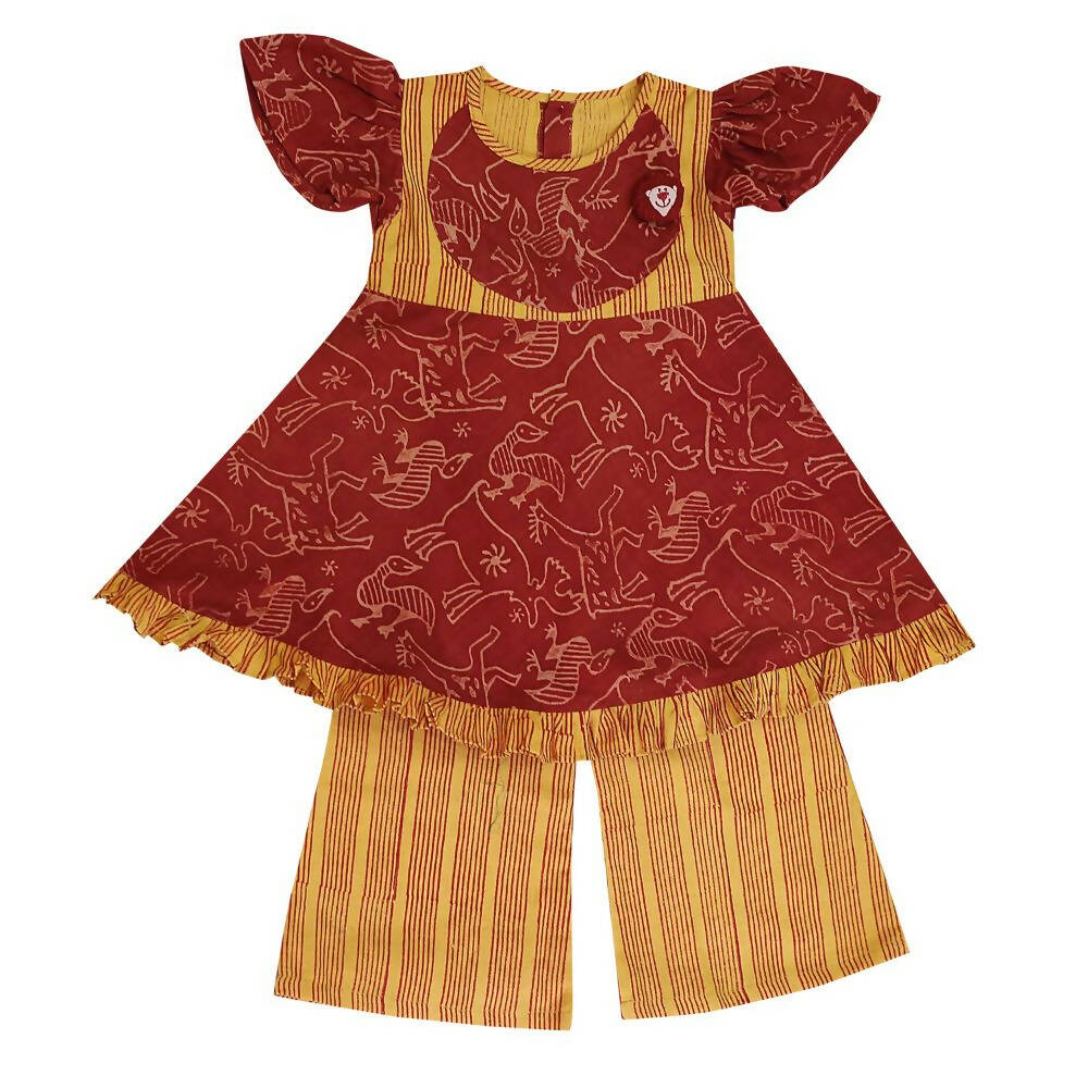 Mhyssa Aruba V- neck Puff Sleeves Red and Yellow Kurta With Full Length Pant Set For Kids | Grab2Buy