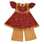 Mhyssa Aruba V- neck Puff Sleeves Red and Yellow Kurta With Full Length Pant Set For Kids | Grab2Buy