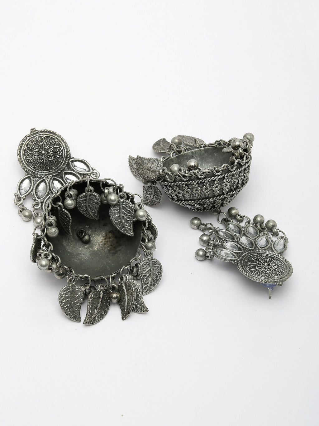 NVR Women's Silver-Plated Oxidised Artificial Stones Dome Shaped Jhumka Earrings | Grab2Buy
