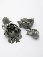 NVR Women's Silver-Plated Oxidised Artificial Stones Dome Shaped Jhumka Earrings | Grab2Buy