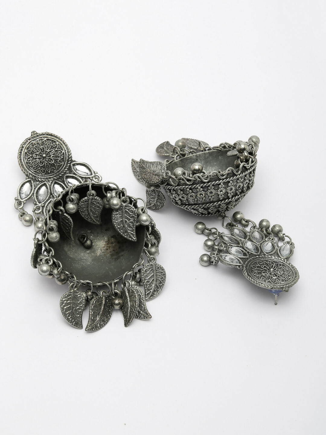 NVR Women's Silver-Plated Oxidised Artificial Stones Dome Shaped Jhumka Earrings | Grab2Buy