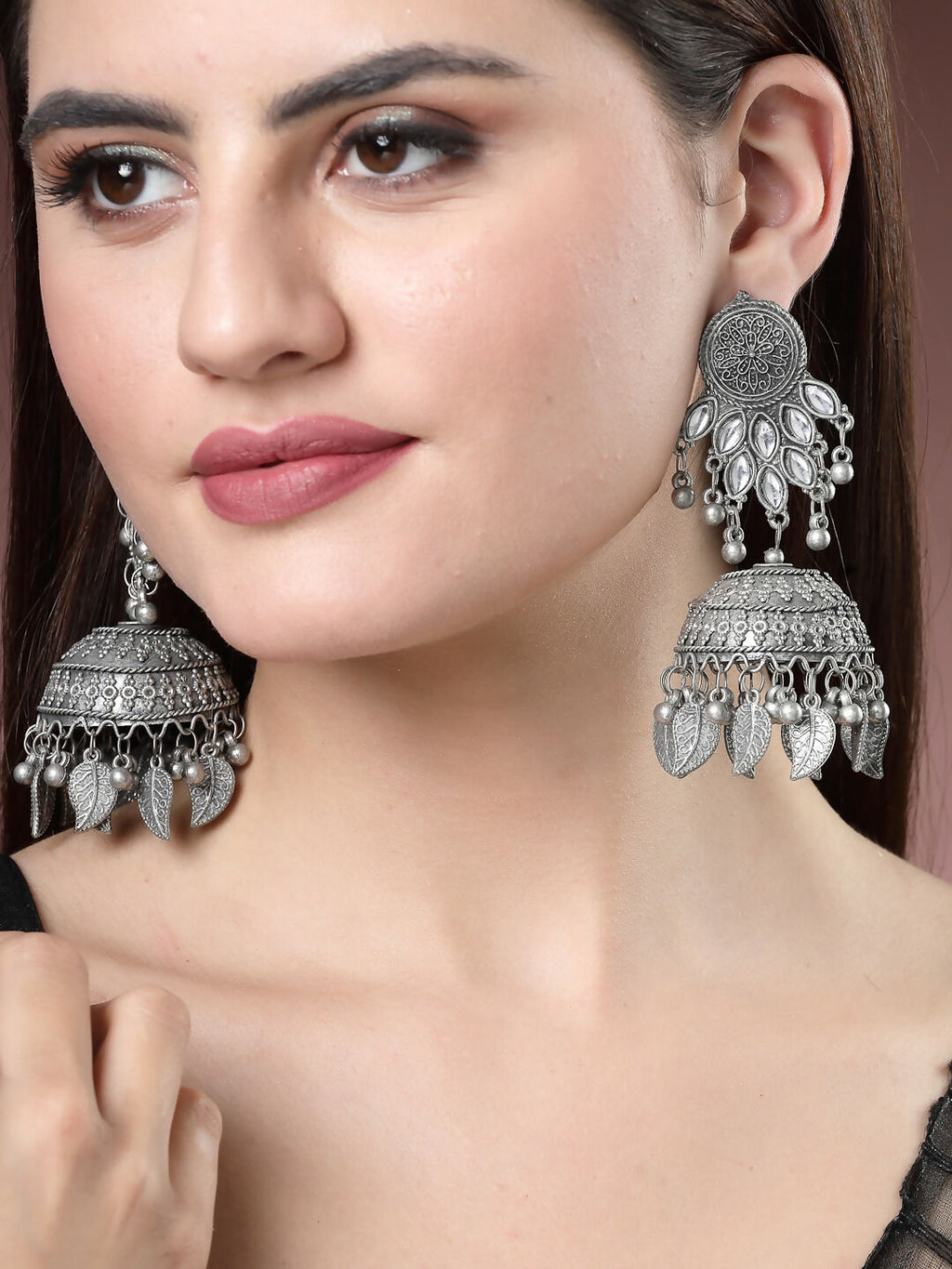 NVR Women's Silver-Plated Oxidised Artificial Stones Dome Shaped Jhumka Earrings | Grab2Buy