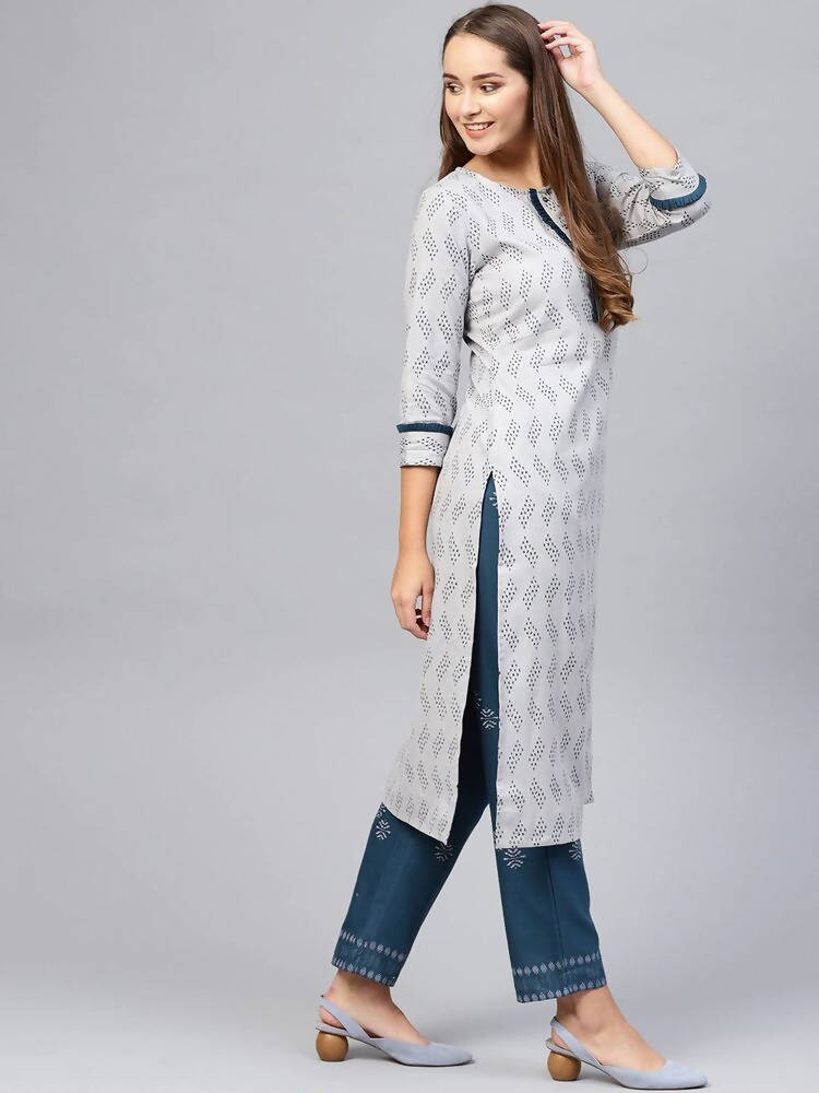 Yufta Women Grey & Navy Printed Kurta with Trouser | Grab2Buy