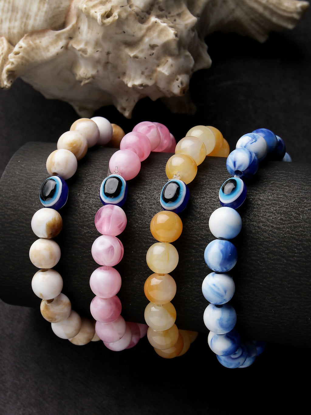 NVR Men & Women Set of 4 Artificial Beads-Beaded Evil Eye Elasticated Bracelet | Grab2Buy