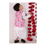 Little Bansi Boys Pink and White Color Bengali Kantha work floral Jacket with Kurta and Dhoti | Grab2Buy