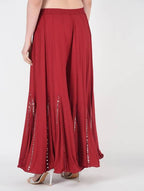 Mominos Fashion Maroon Viscose Rayon Flared Palazzo with Mirror Lace Work | Grab2Buy