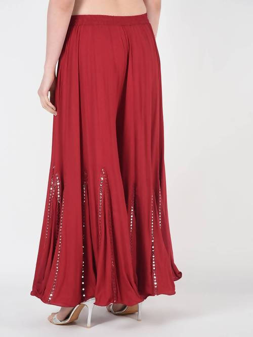 Mominos Fashion Maroon Viscose Rayon Flared Palazzo with Mirror Lace Work | Grab2Buy