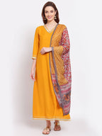 Myshka Women's Yellow Printed Silk Blend 3/4 Sleeve V Neck Casual Kurta Dupatta Set | Grab2Buy