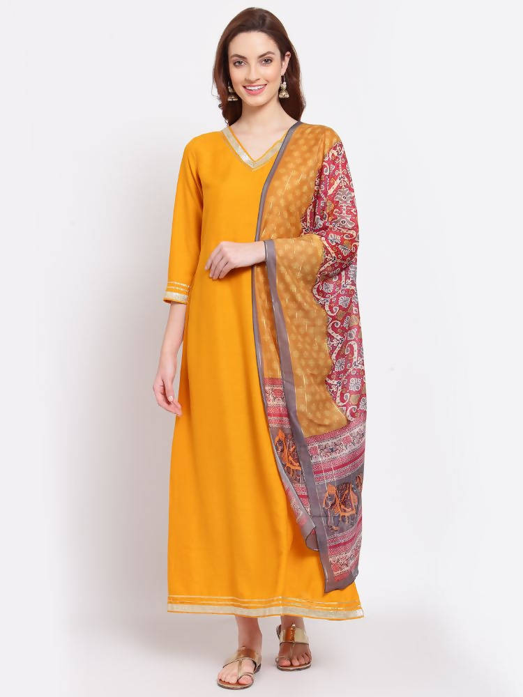 Myshka Women's Yellow Printed Silk Blend 3/4 Sleeve V Neck Casual Kurta Dupatta Set | Grab2Buy