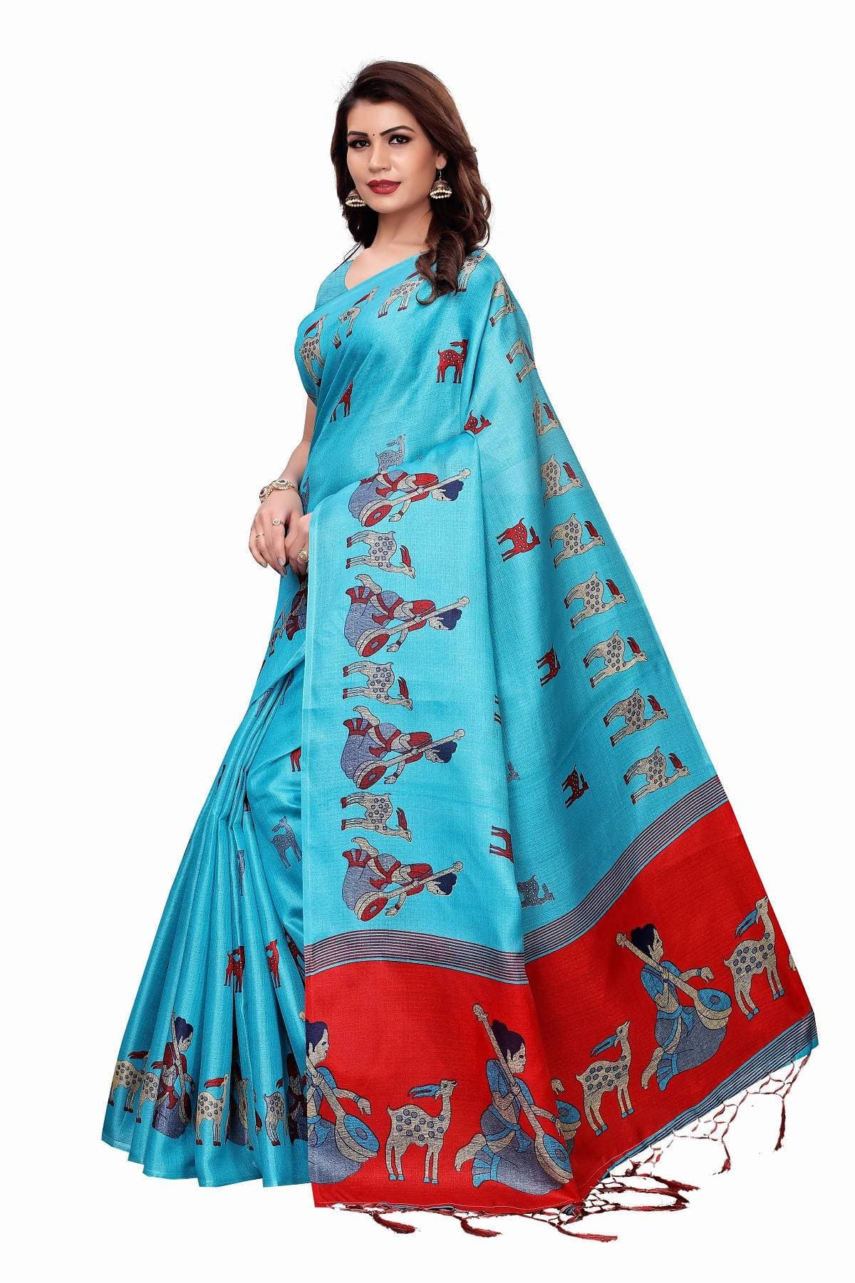 Vamika Sky Blue Kalamkari With Jhalar Khadi Silk Saree | Grab2Buy