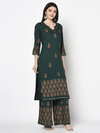 Aniyah Rayon Bottle Green Block Print Straight Kurta (AN-218K) | Grab2Buy