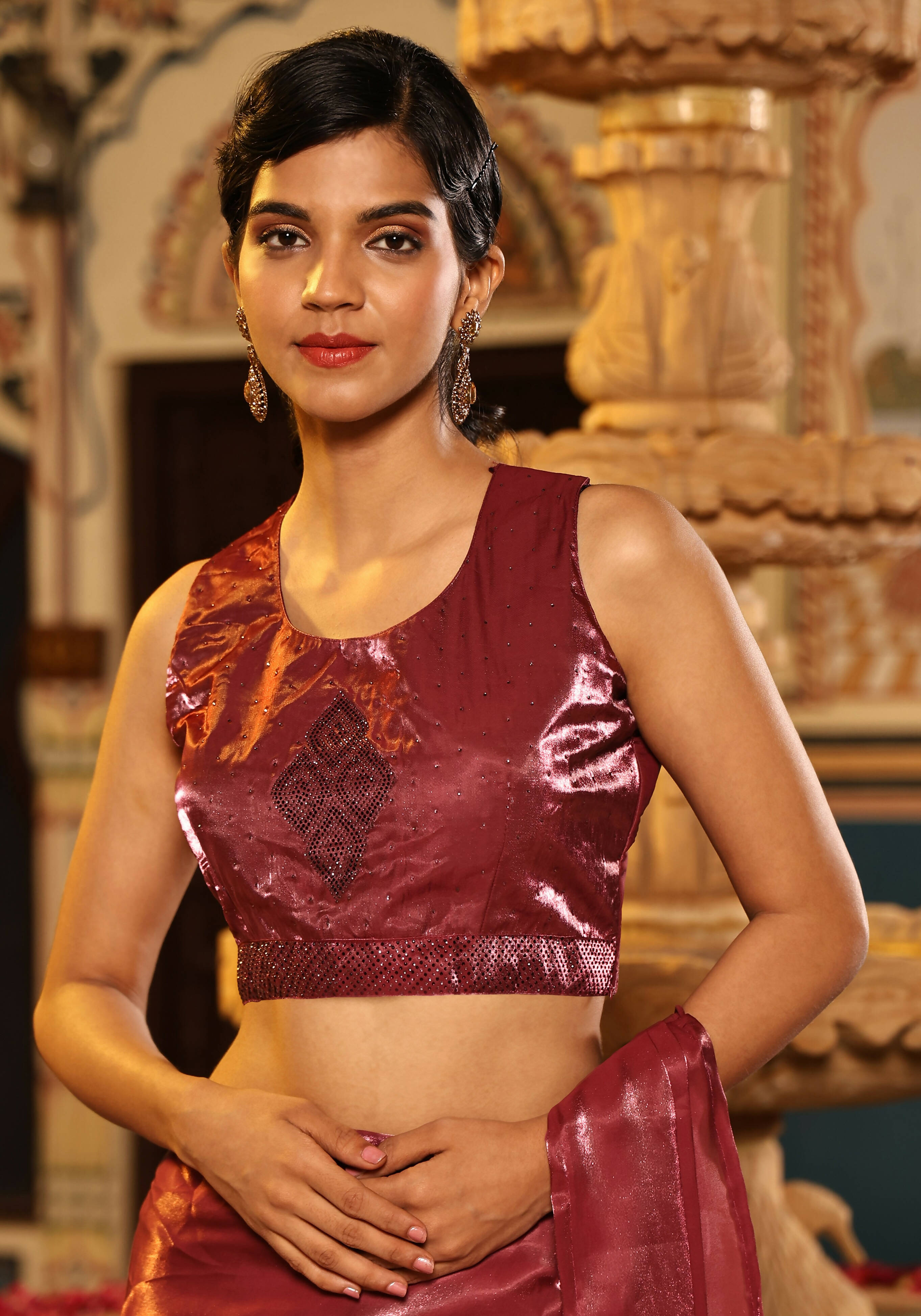 Maroon Tom Silk Plain Ready To Wear Saree With Stitched Blouse - Satiksha | Grab2Buy