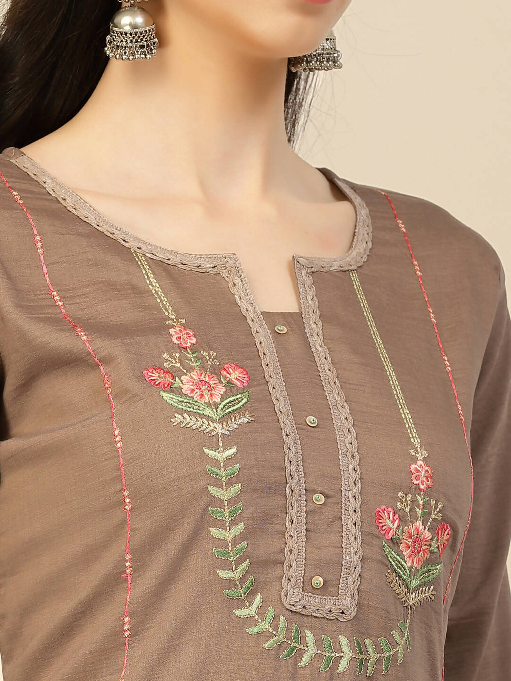 Brown Embroidered Chinon Straight Kurta With Trouser & Dupatta - Salimar | Grab2Buy