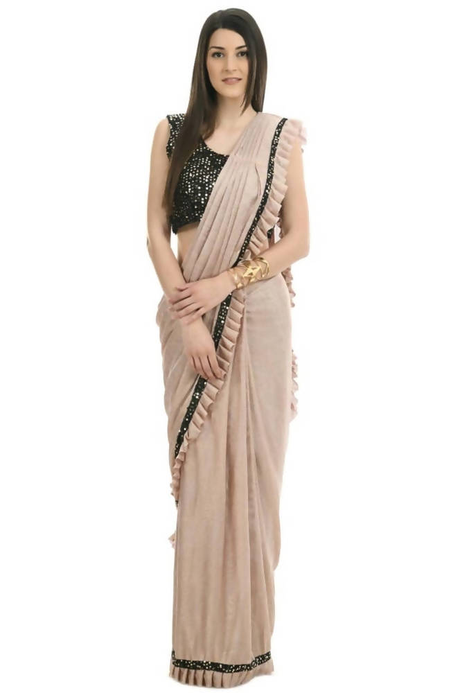 Mominos Fashion All Season Wear Beige And Black Colour Ruffled Ready To Wear Saree | Grab2Buy