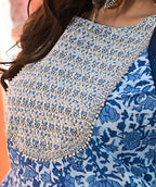 Yufta Women Blue Printed Pure Cotton Anarkali Kurta with Trouser & With Dupatta | Grab2Buy