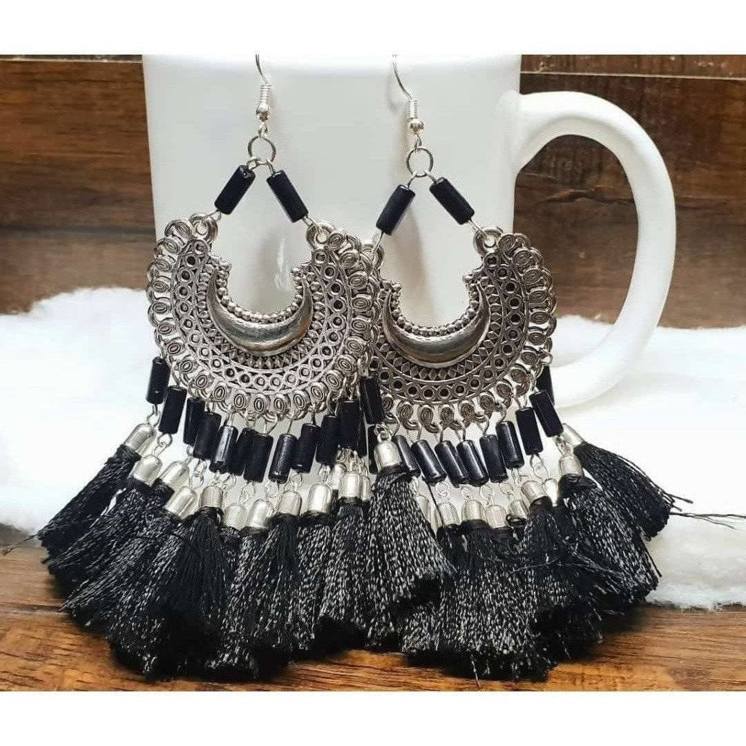 MS Fashion India Black Color Threads Oxidized Silver Afghani Chandbali Earrings | Grab2Buy
