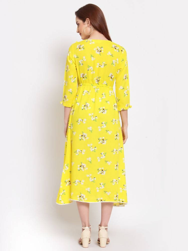 Myshka Women's Yellow Printed Cotton 3/4 Sleeve Round Neck Casual Dress | Grab2Buy