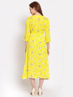 Myshka Women's Yellow Printed Cotton 3/4 Sleeve Round Neck Casual Dress | Grab2Buy