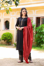 Yufta Women Black & Maroon Thread Work Pure Cotton Kurta with Palazzos & With Dupatta | Grab2Buy