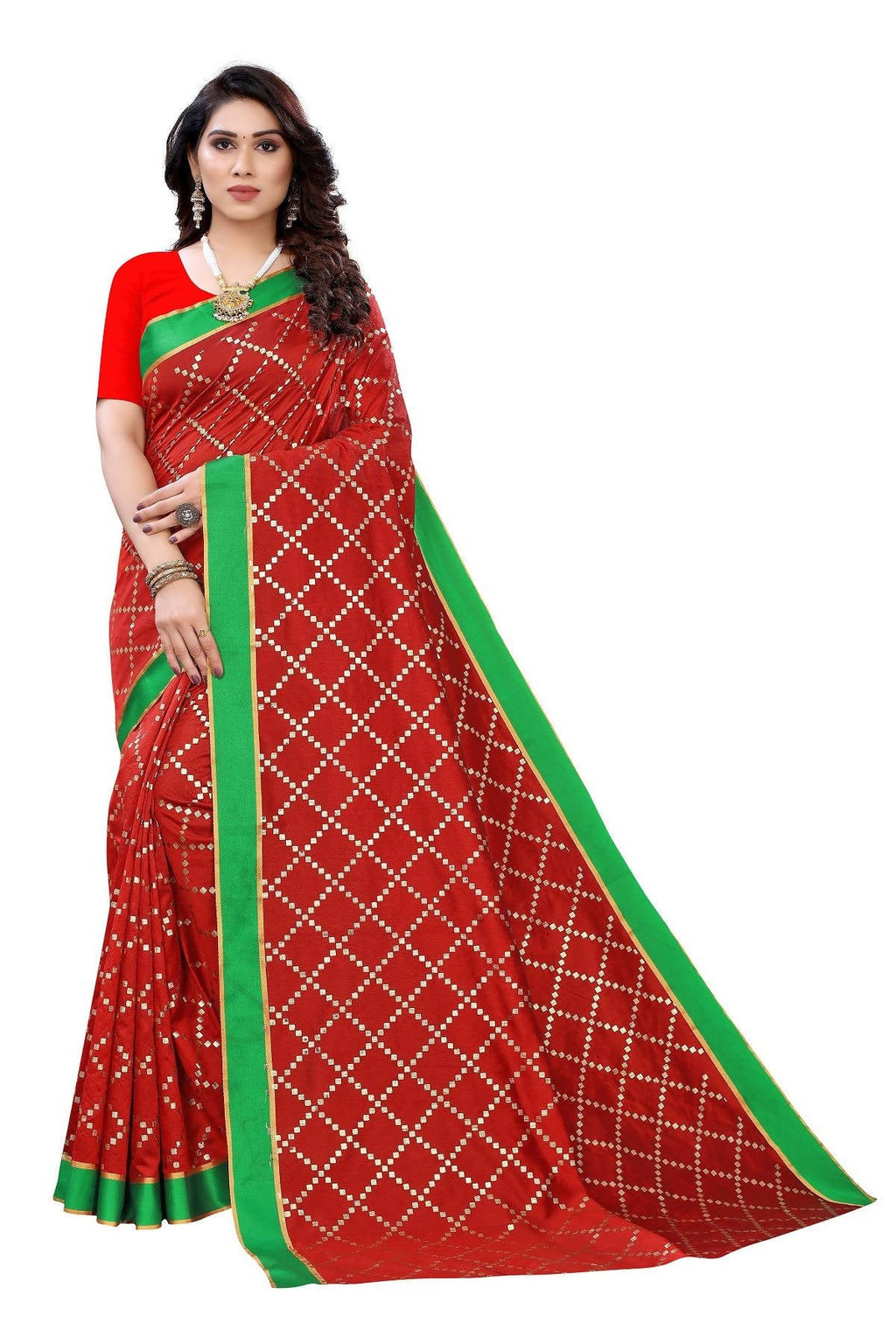 Vamika Red Linen Foil Print Saree (YOGI RED) | Grab2Buy