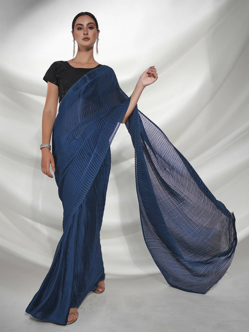 Teal Georgette Solid Texture Saree With Unstitched Blouse Piece - Rajal | Grab2Buy