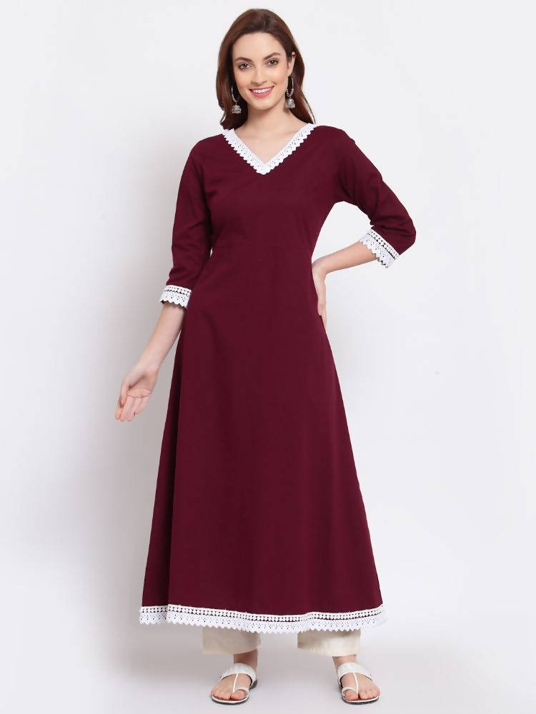 Myshka Women's Burgandy Printed Cotton Full Sleeve V Neck Casual Kurta Dupatta Set | Grab2Buy