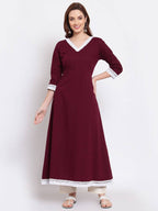 Myshka Women's Burgandy Printed Cotton Full Sleeve V Neck Casual Kurta Dupatta Set | Grab2Buy
