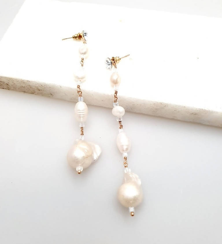 Bling Accessories Swarovski Crystal Stud long Earrings with Baroque Pearls | Grab2Buy