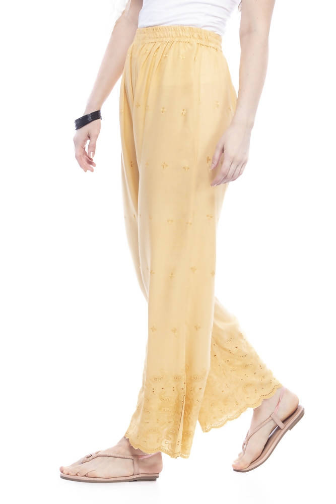 Mominos Fashion Reyon Cotton Dark Golden Embroidery Chikan Palazzo | Grab2Buy