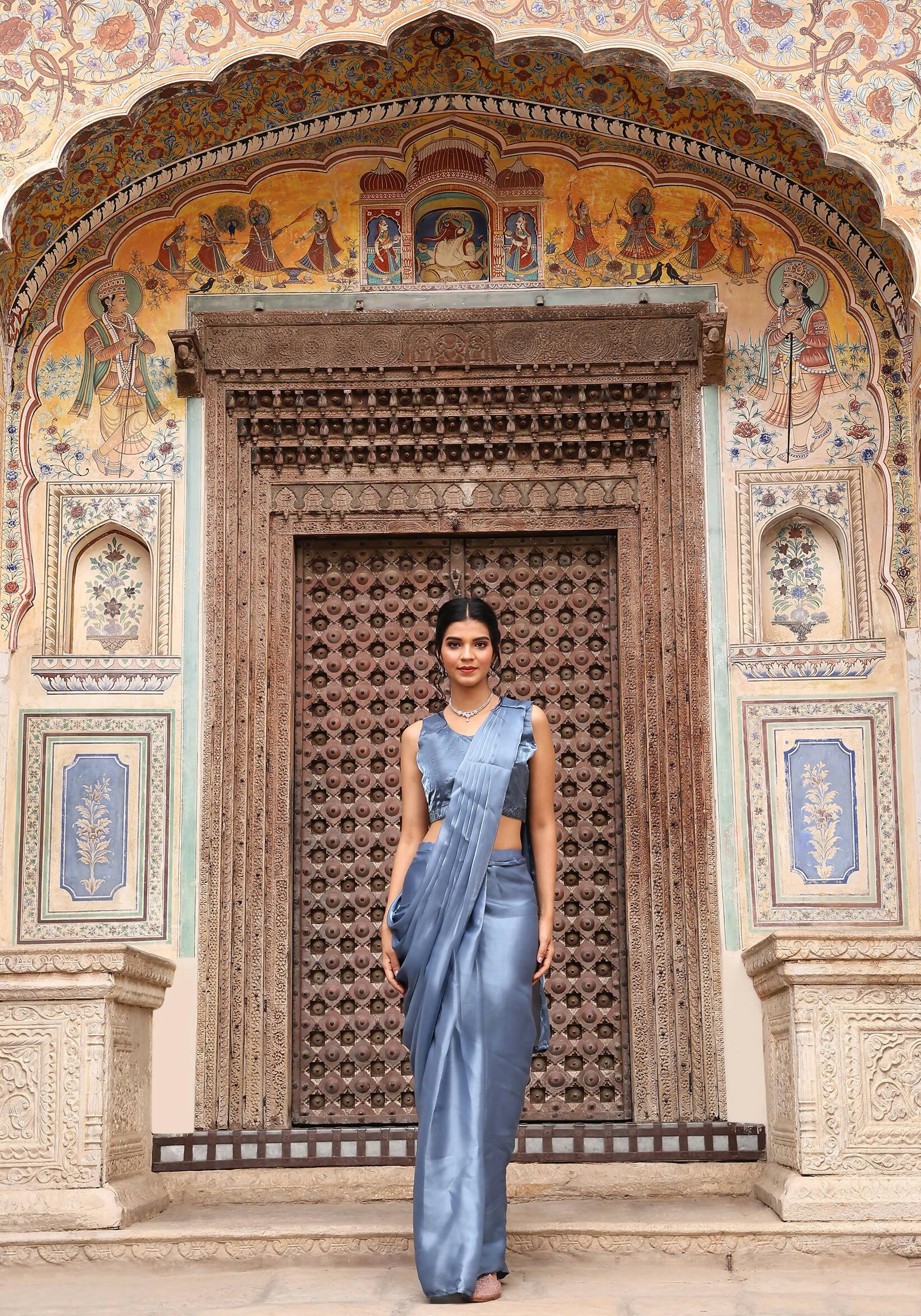 Sky Blue Tom Silk Plain Ready To Wear Saree With Stitched Blouse - Satiksha | Grab2Buy