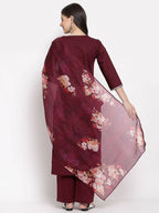 Myshka Women's Burgundy Cotton Solid 3/4 Sleeve Square Neck Casual Kurta Pant Dupatta Set | Grab2Buy
