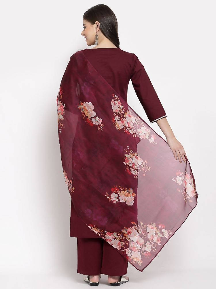Myshka Women's Burgundy Cotton Solid 3/4 Sleeve Square Neck Casual Kurta Pant Dupatta Set | Grab2Buy