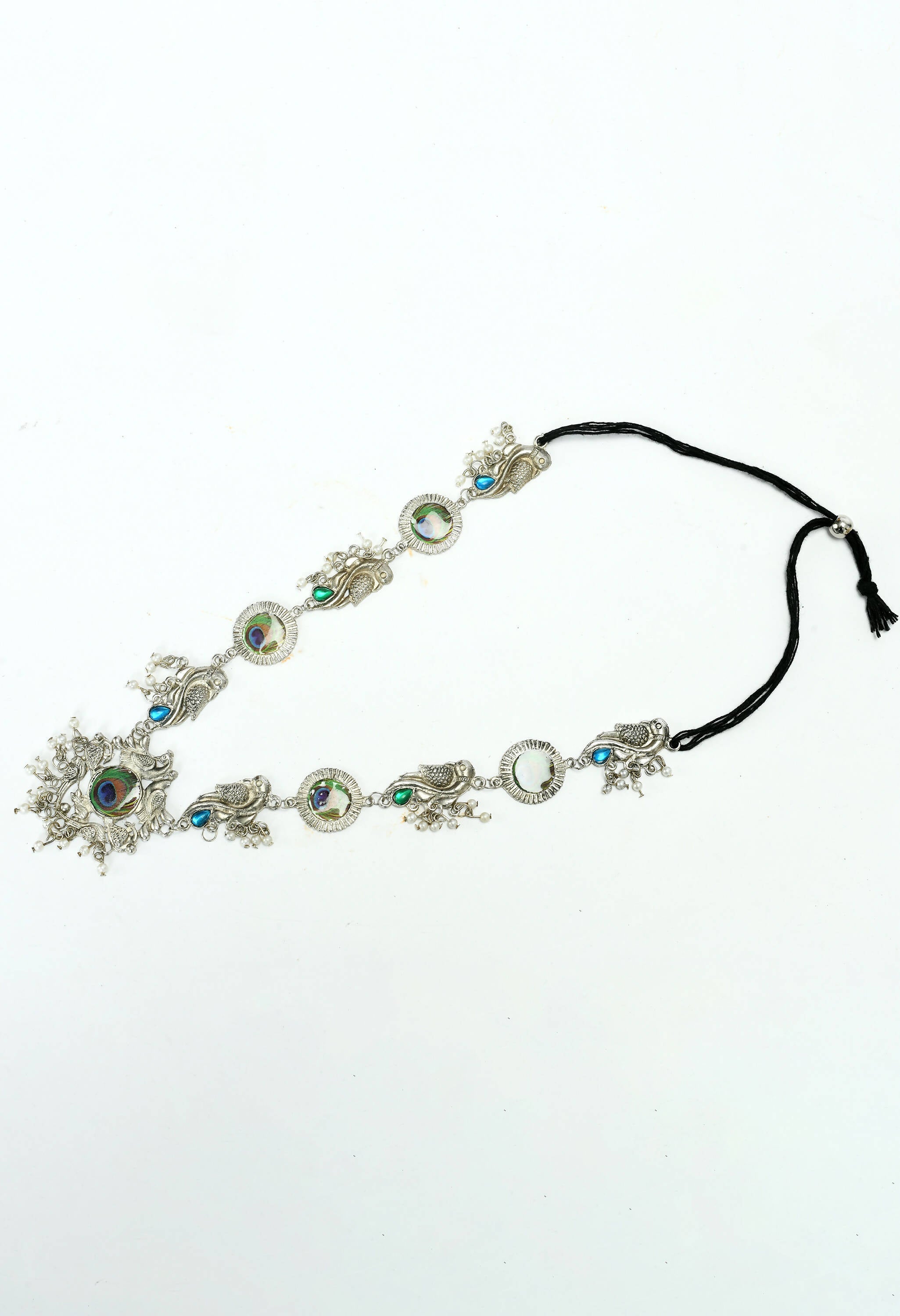 Mominos Fashion Johar Kamal Oxidised Silver-Plated Brass Finish Long Necklace For Women (Silver)