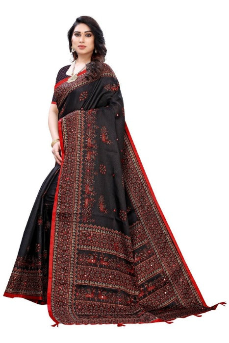 Vamika Black Mirror Work With Jhalar Khadi Silk Saree (AASHI BLACK) | Grab2Buy