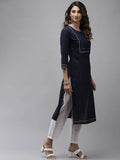 Yufta Women Navy Blue Yoke Design Mirror Work Cotton Kurta | Grab2Buy