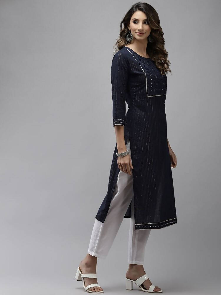 Yufta Women Navy Blue Yoke Design Mirror Work Cotton Kurta | Grab2Buy