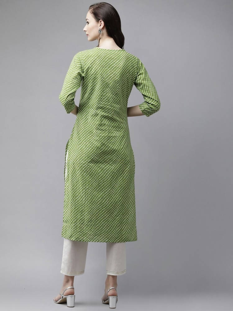 Yufta Women Green And White Bandhani print Kurta with Trouser Set | Grab2Buy