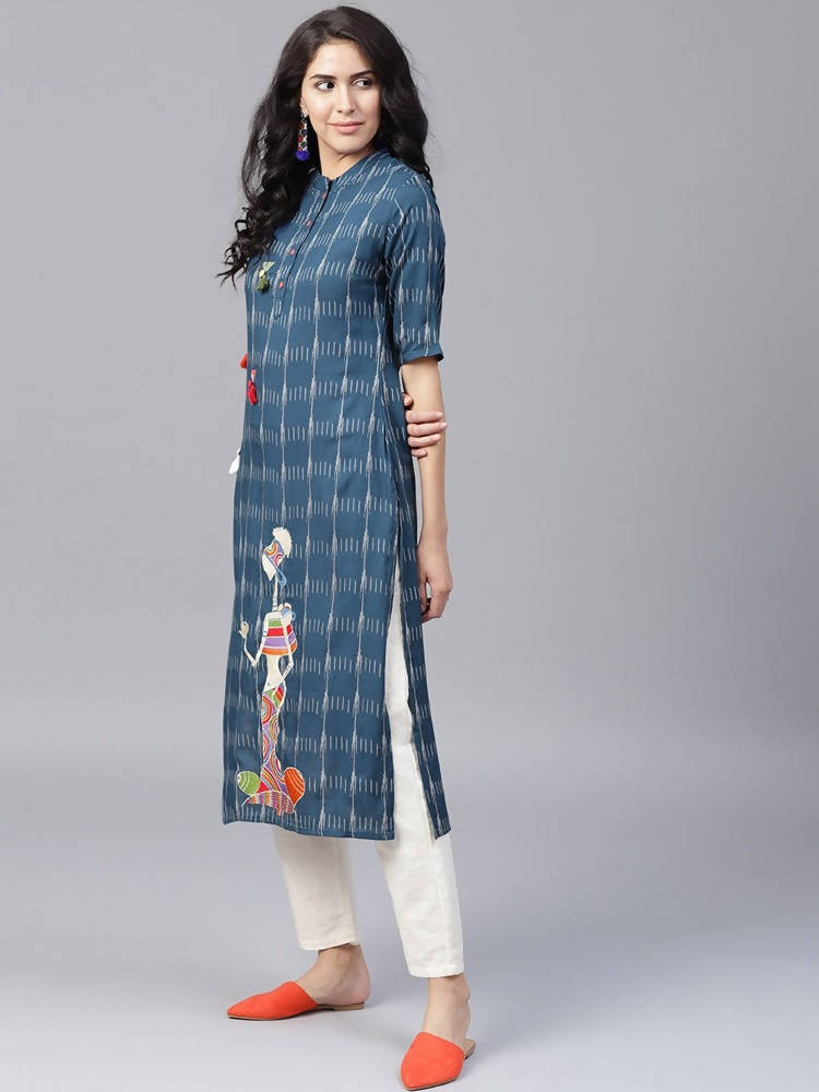 Yufta Women Navy Blue & Off-White Printed Straight Kurta | Grab2Buy