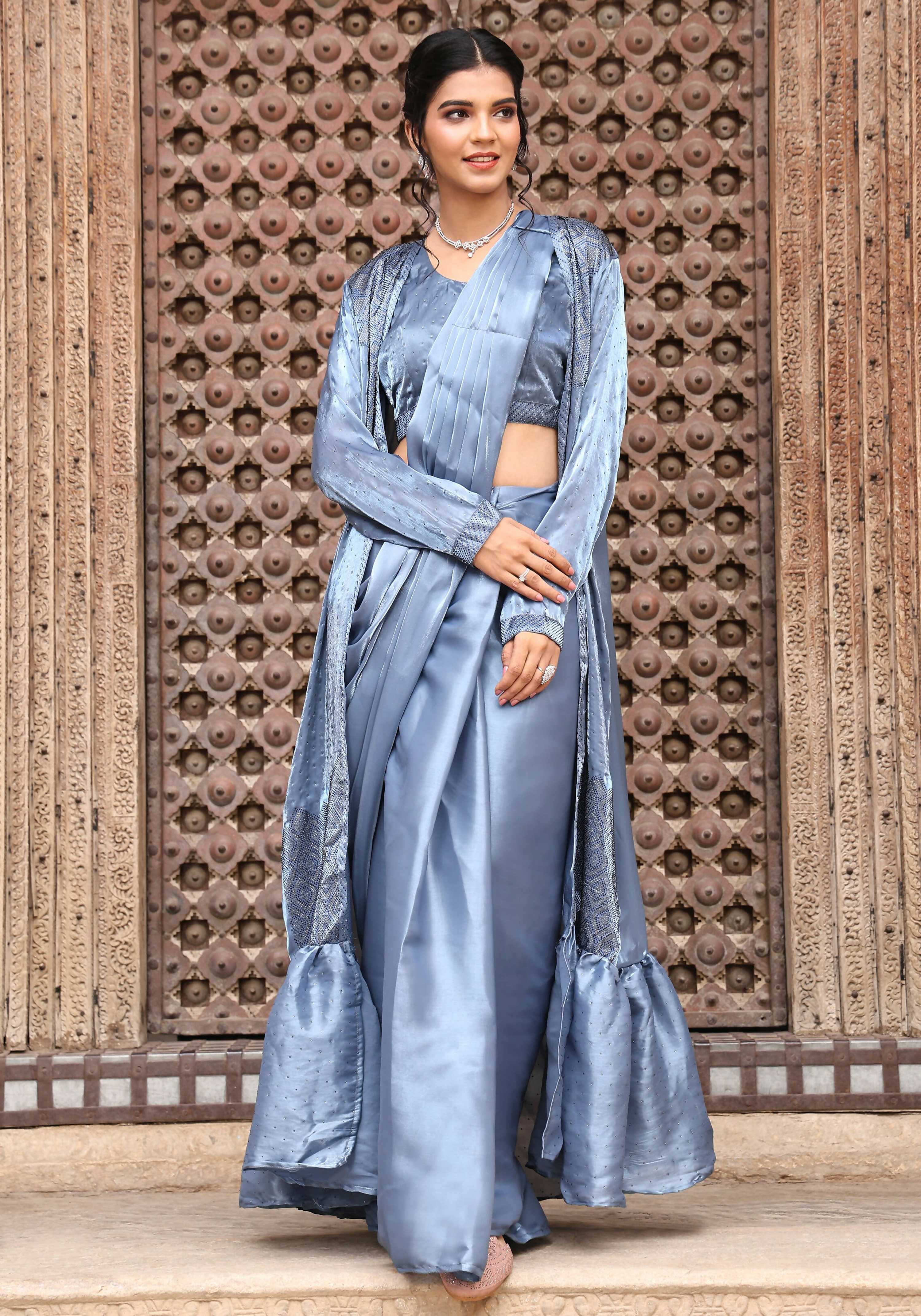 Sky Blue Tom Silk Plain Ready To Wear Saree With Stitched Blouse - Satiksha | Grab2Buy