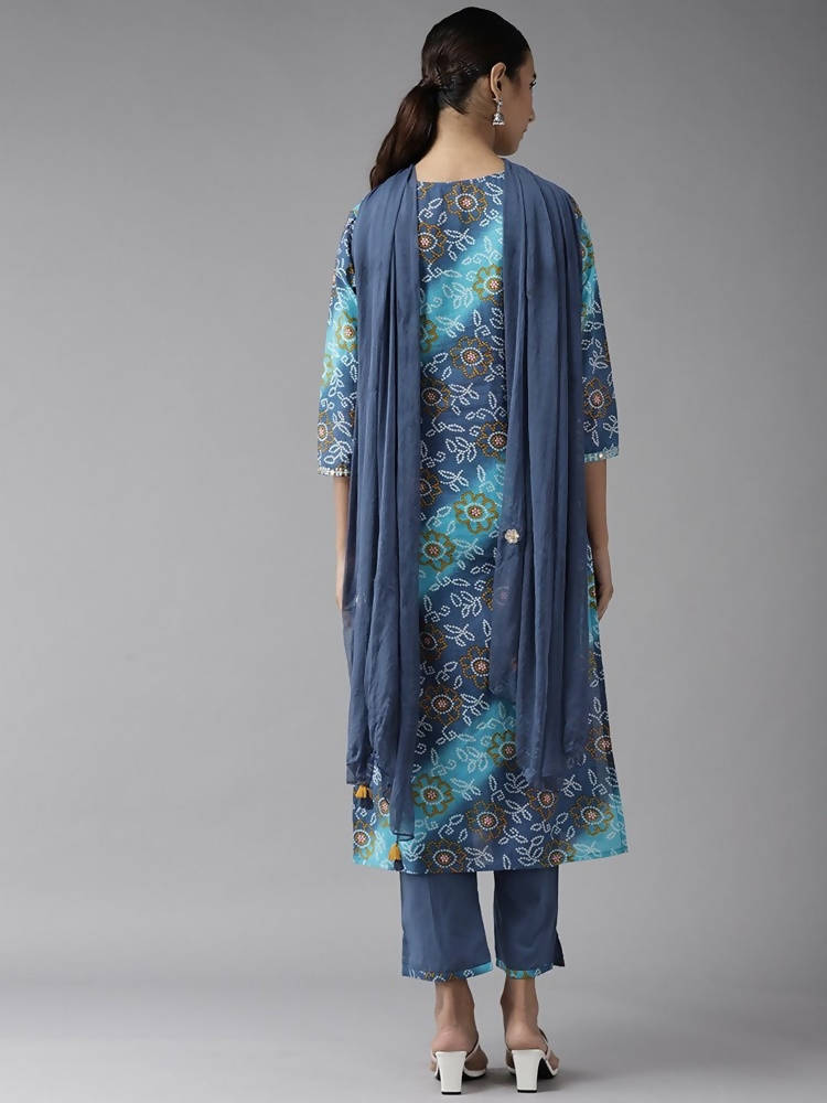 Yufta Women Blue Bandhani Printed Embroidered Detail Cotton Kurta with Trouser & Dupatta | Grab2Buy