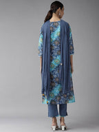 Yufta Women Blue Bandhani Printed Embroidered Detail Cotton Kurta with Trouser & Dupatta | Grab2Buy