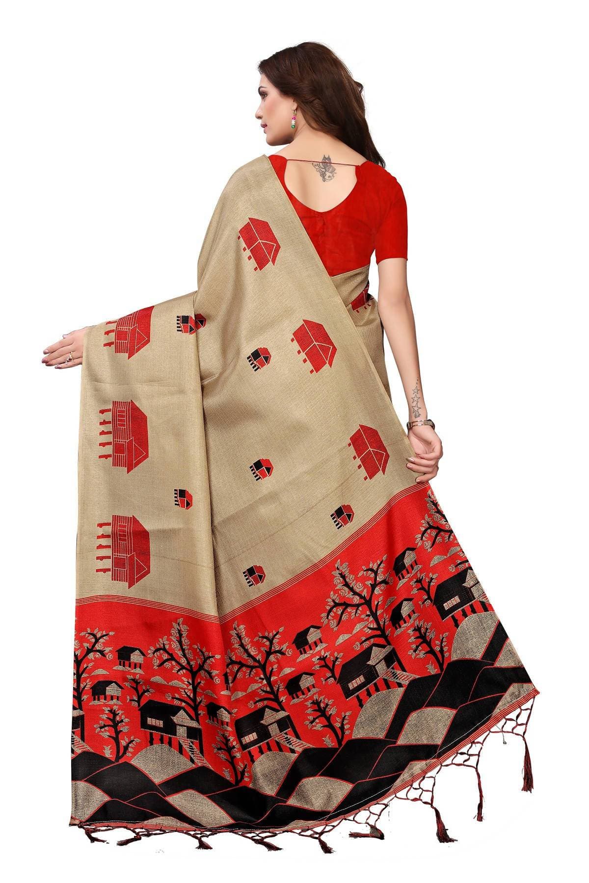 Vamika Traditional Chiku & Red Kalamkari With Jhalar Khadi Silk Saree | Grab2Buy