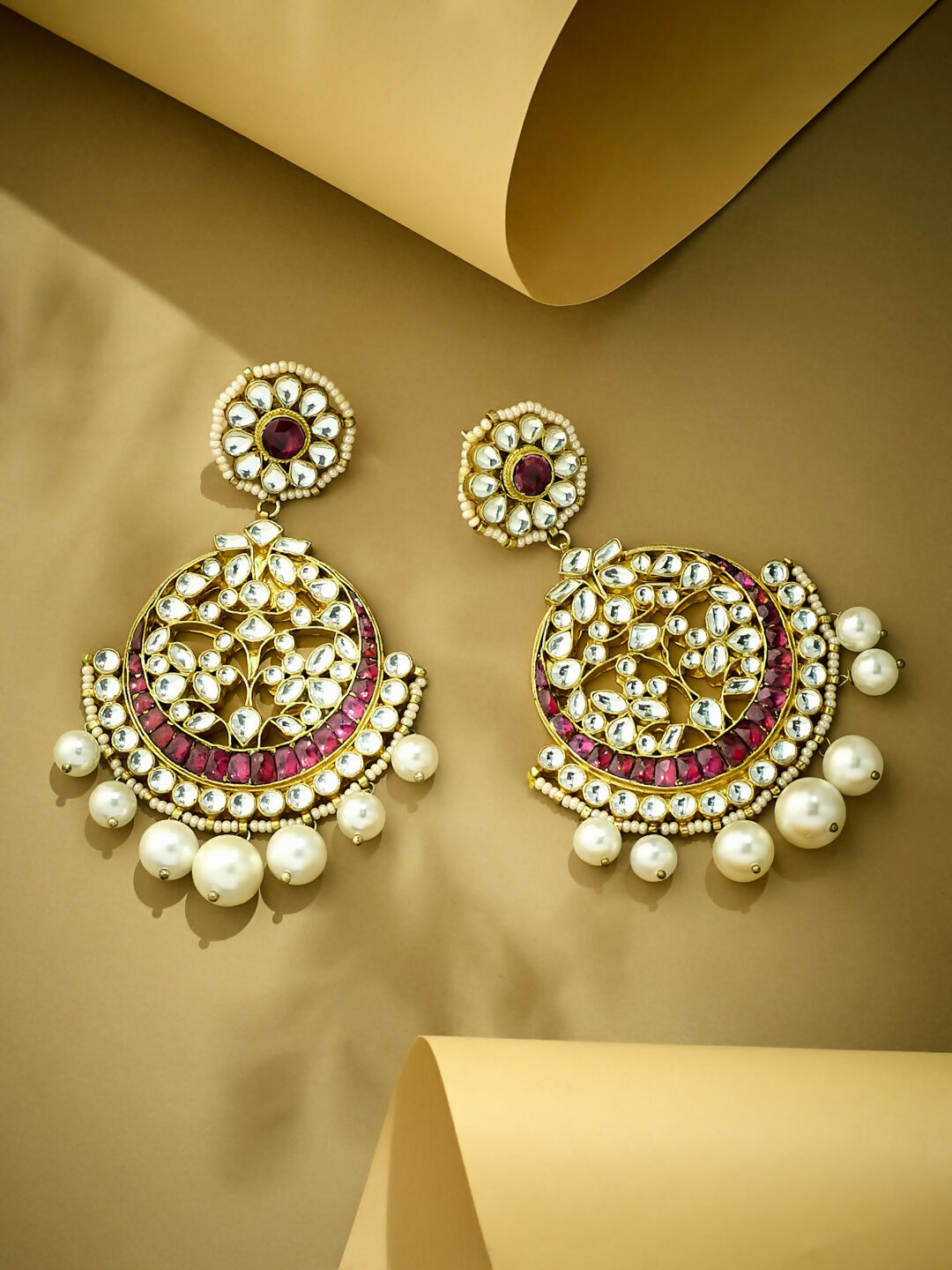 Nuyug 22K Gold-Plated Elegant Ruby & Kundan Stone Studded With Pearl Beaded Floral Chandbalis | Grab2Buy
