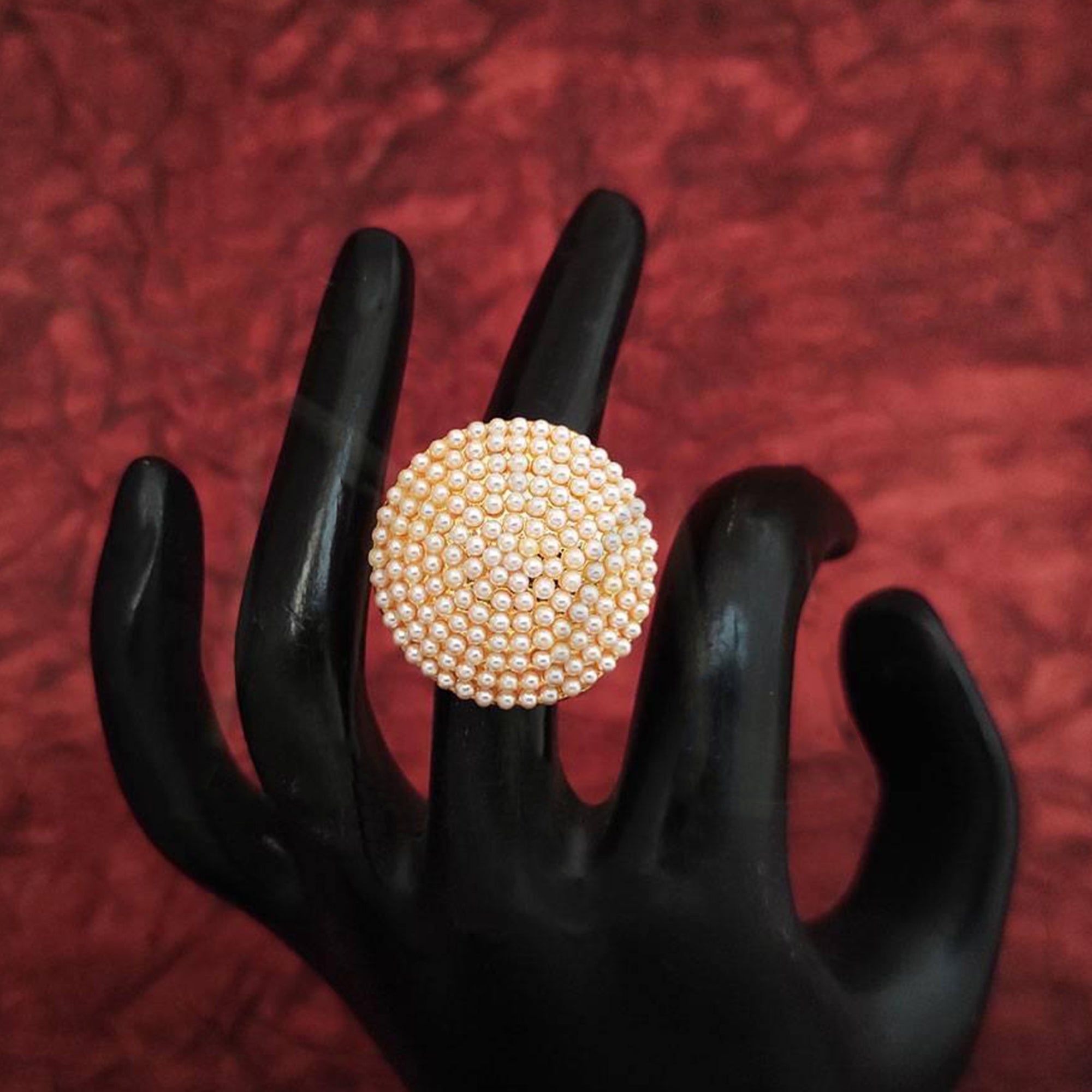 JS Fashion High Gold Polish Fancy Design Clustered Pearl Designer Antique Finger Ring for Women | Adjustable Ethnic Statement Jewellery for Wedding, Party & Festive | Vintage Pearl Gift | Grab2Buy