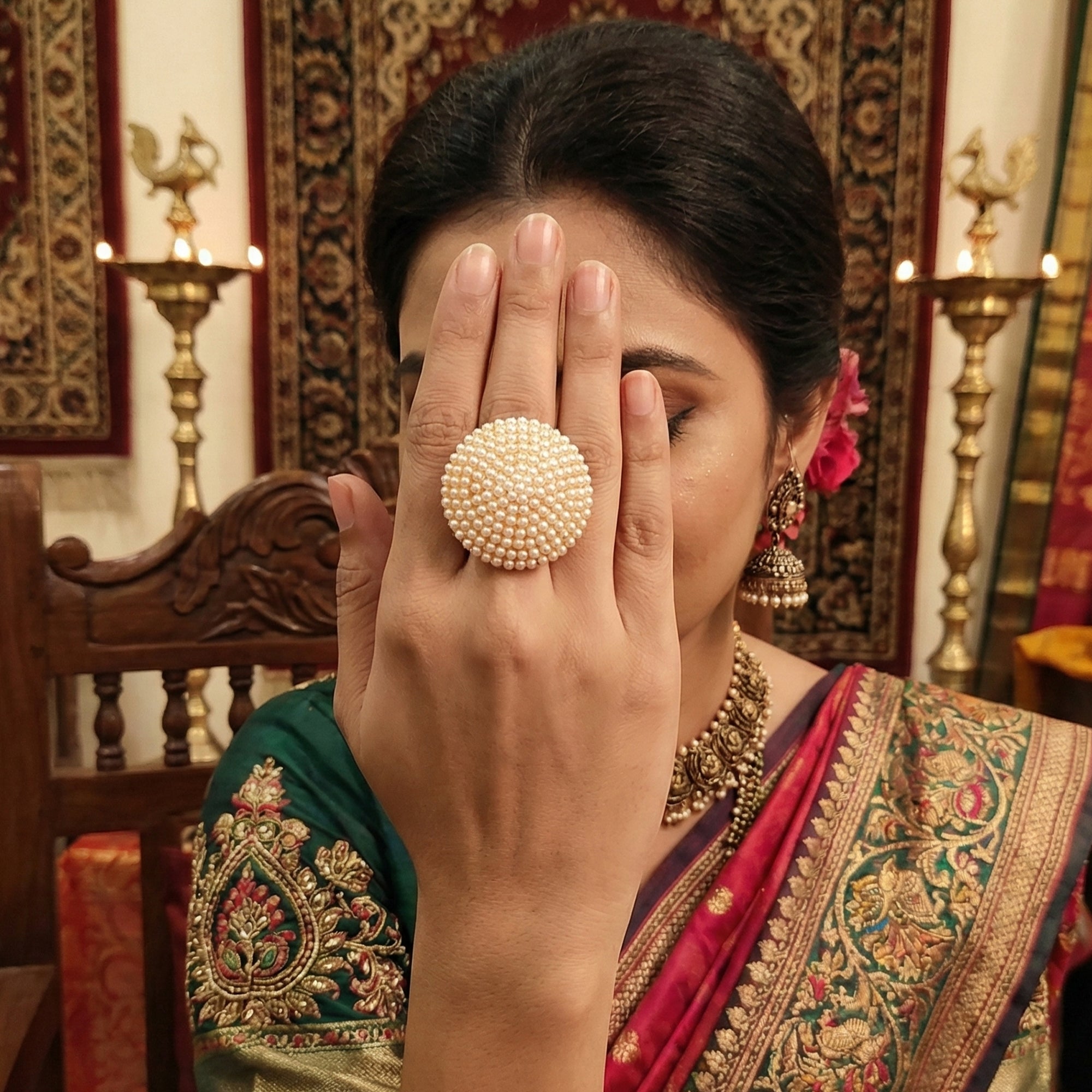 JS Fashion High Gold Polish Fancy Design Clustered Pearl Designer Antique Finger Ring for Women | Adjustable Ethnic Statement Jewellery for Wedding, Party & Festive | Vintage Pearl Gift | Grab2Buy